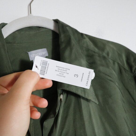 Chicos Sandwash Satin Solid Shirt Women 3 XL Olive Green Button Down Flowy Tunic - Picture 3 of 6